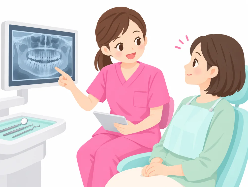 レントゲン画像を見ながら治療計画を説明する様子のイラスト